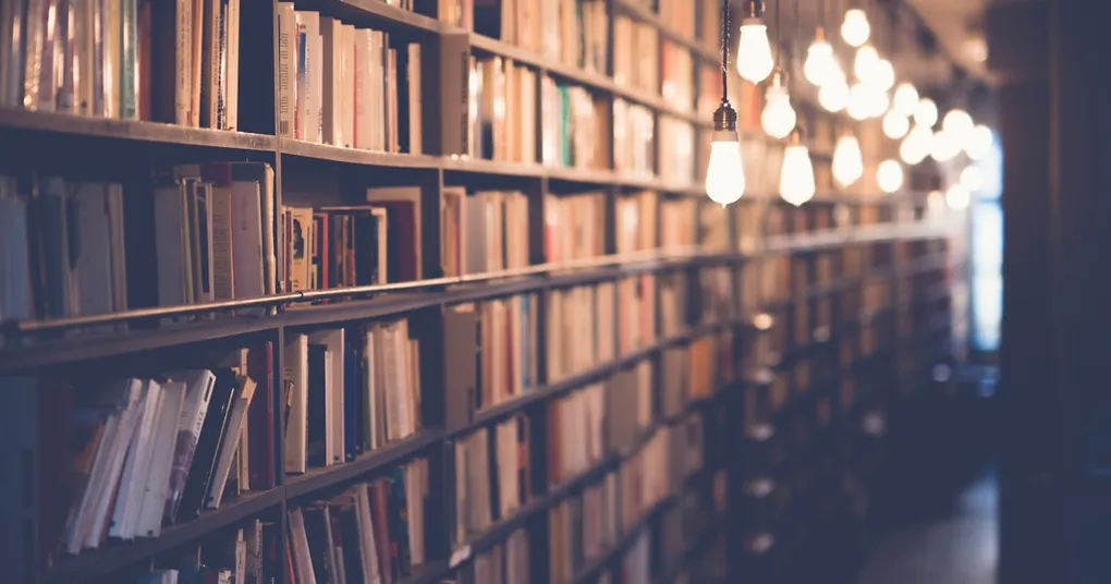 Rows of books on shelves in a library archive