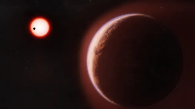 Artist’s concept of the rocky exoplanet LHS 1140 b with a helium-rich atmosphere around a cool red dwarf star