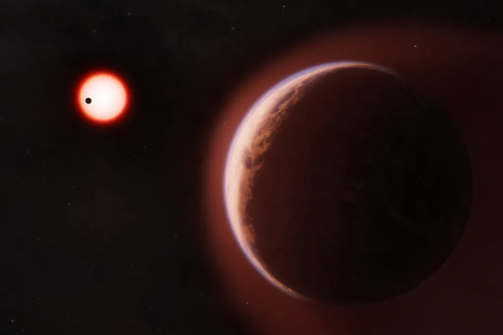 Artist’s concept of the rocky exoplanet LHS 1140 b with a helium-rich atmosphere around a cool red dwarf star